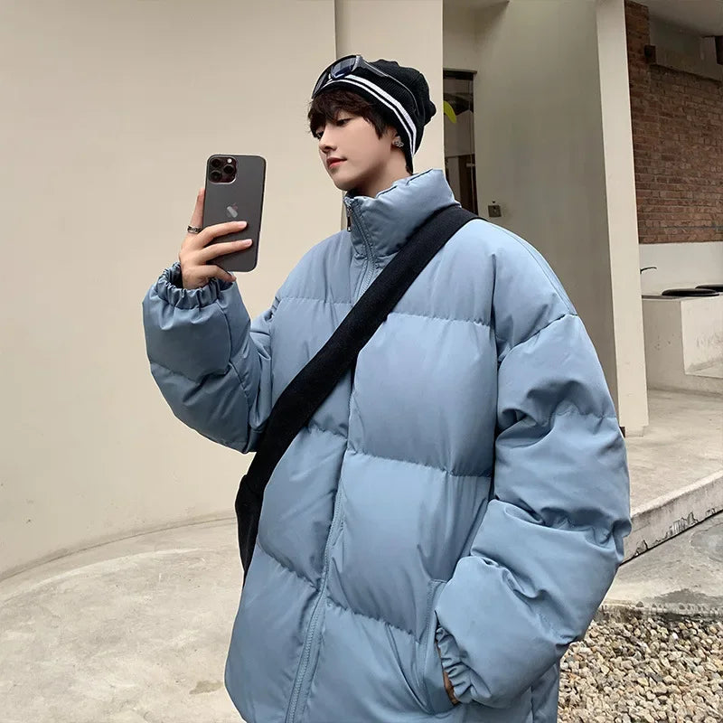 High collar cotton coat with solid color men's winter thickened fashion brand plus size loose overweight man stand-up collar cotton-padded coat bread coat cotton-padded jacket outside