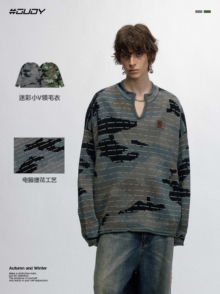 # OVDY autumn and winter warm sweater Computer Jacquard techniques small V-neck camouflage sweater outerwear for men and women