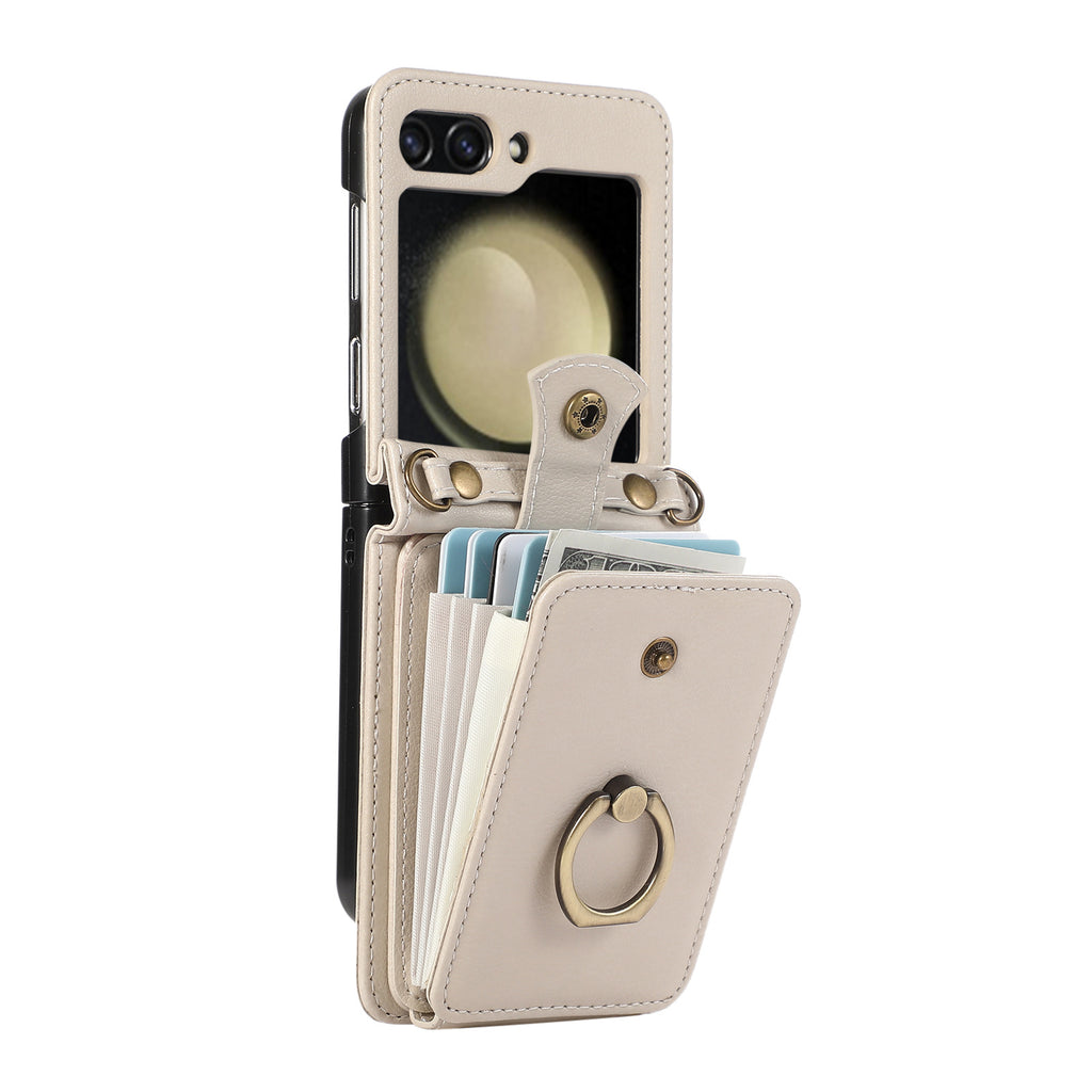 Applicable to Z FLIP5 crossbody expanding card holder foldable screen Z flip6 leather case with fastened ring anti-theft swiping function