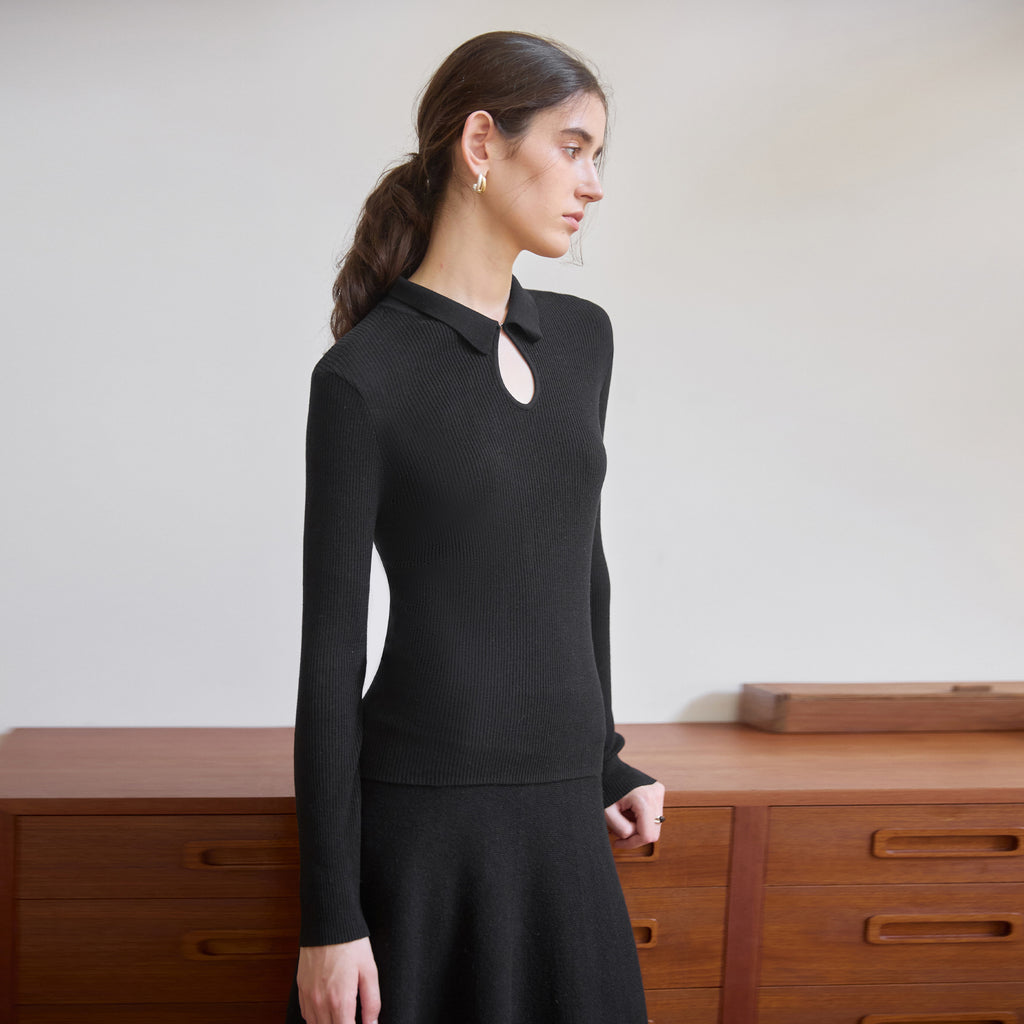 2025 temperament long sleeve knitwear women's autumn elegant design warm and slimming top solid color wool base shirt