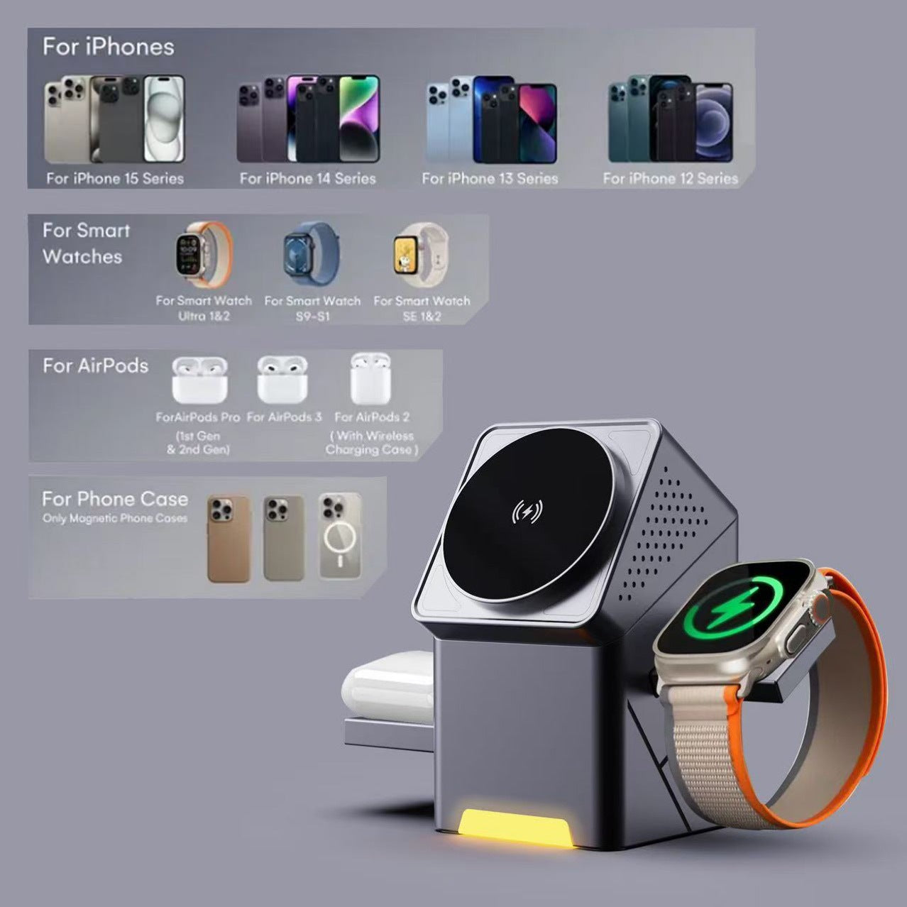 New rotary magnetic adhesive wireless charger for Apple Watch headset 3-in-1 15W fast charge mobile phone stand