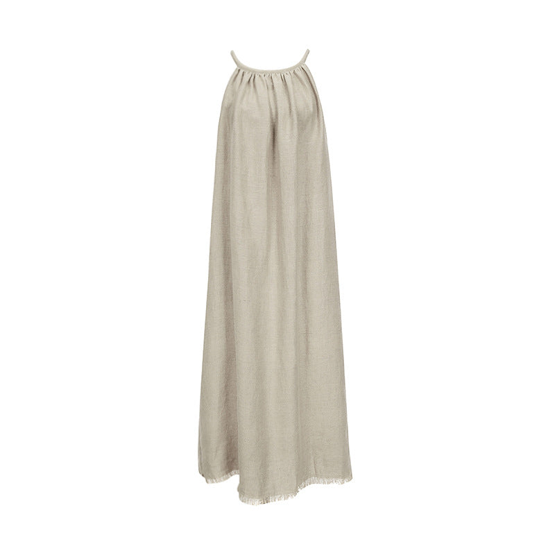 French style temperament tassel design sling dress female 2025 spring/summer vacation beach Tencel linen loose long dress