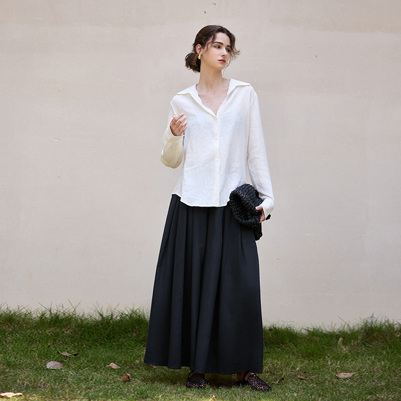 Ramie high waist pantskirt 25 autumn and winter New Tencel linen pleated big hem A- line skirt pants crisp elegant women's skirt