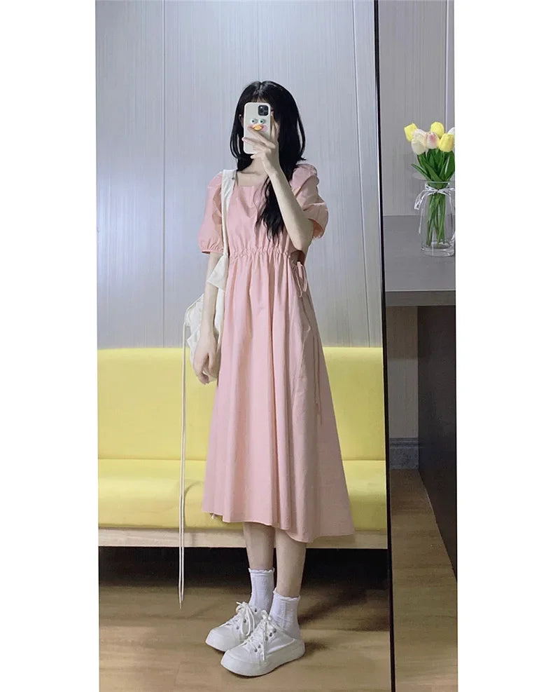 New preppy style pink square collar dress women's summer tea break French slimming temperament seaside vacation dress