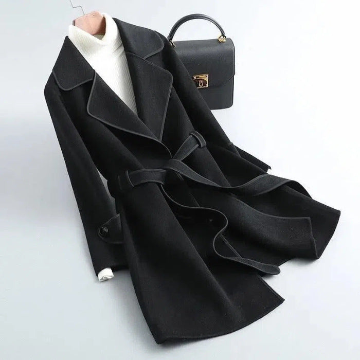 2023 autumn and winter New Fashion loose profile warm handmade lace-up high-end woolen coat mid-length coat female fashion