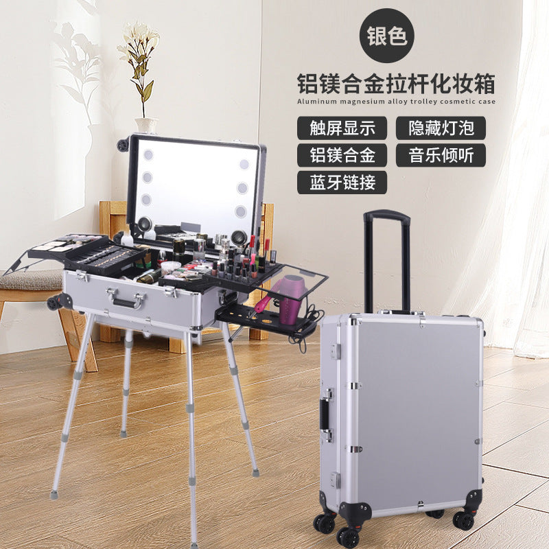 Aluminum Alloy trolley cosmetic case with lamp multi-functional tattoo beauty Bluetooth trolley case makeup artist toolbox