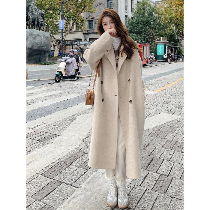 Pink reversible cashmere coat women 2023 autumn and winter New Korean style loose mid-length Hepburn style woolen coat