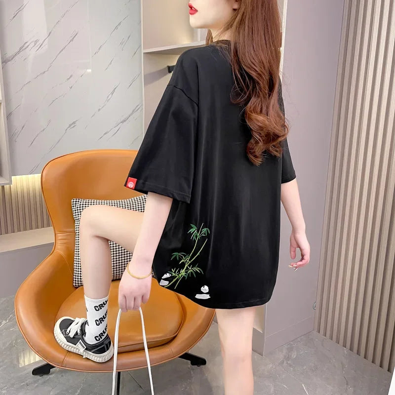 Fashion casual extra large size heavy industry panda bamboo embroidered cotton shoulder half sleeve summer round neck loose national style trendy T-shirt