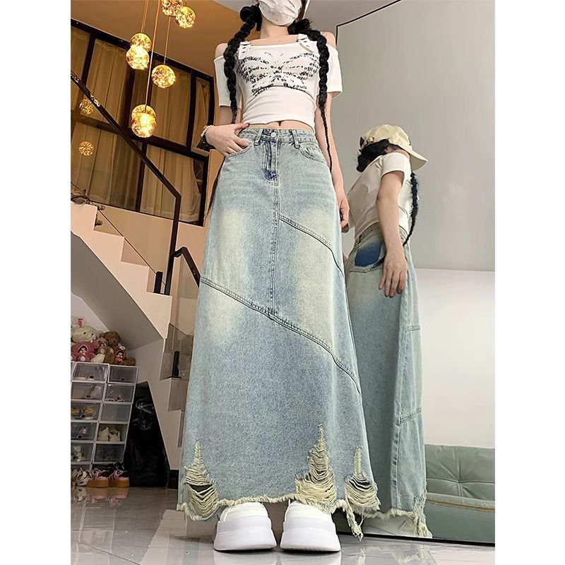 Light color split Denim skirt for women 2024 Summer new high waist raw hem ripped slimming mid-length A- line skirt