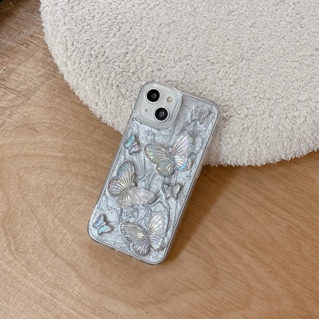 New epoxy for Apple 16 phone case girl iPhone15 silver gray butterfly drop-resistant protective cover creative XR