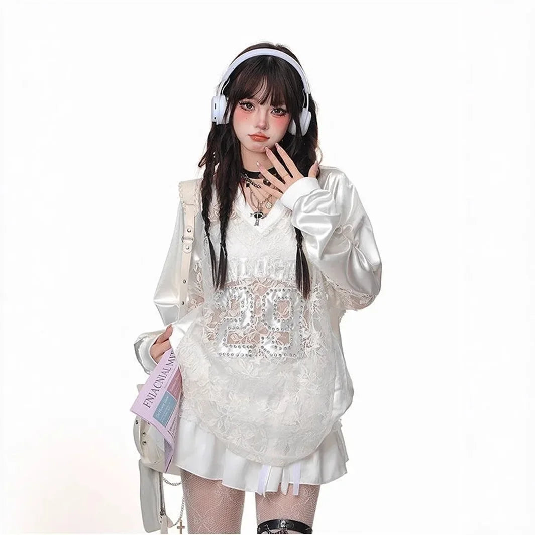 European and American new cross-border foreign trade fashion loose casual lace hollow-out stitching retro long-sleeved T-shirt top women's clothing