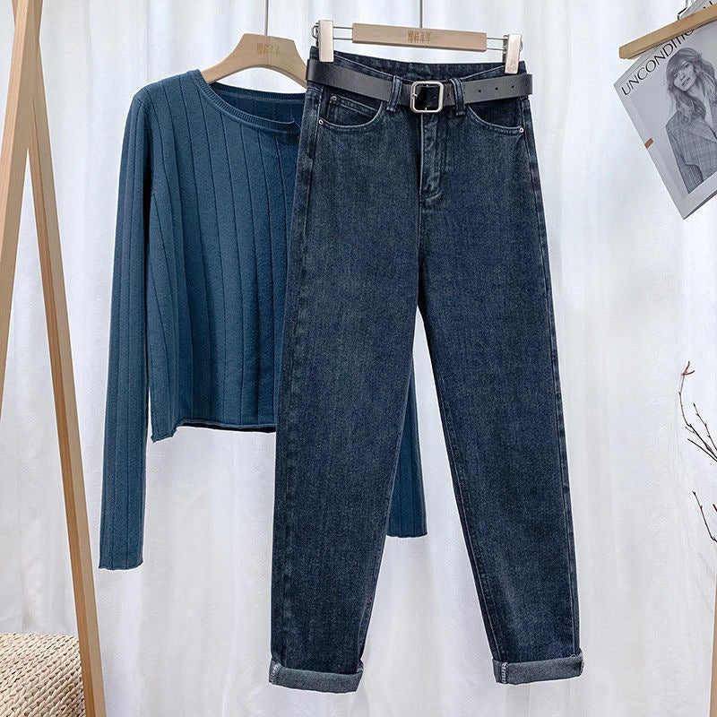 Harem jeans women's fashion trending retro high waist loose Korean style baggy pants all-matching straight ankle-length dad jeans
