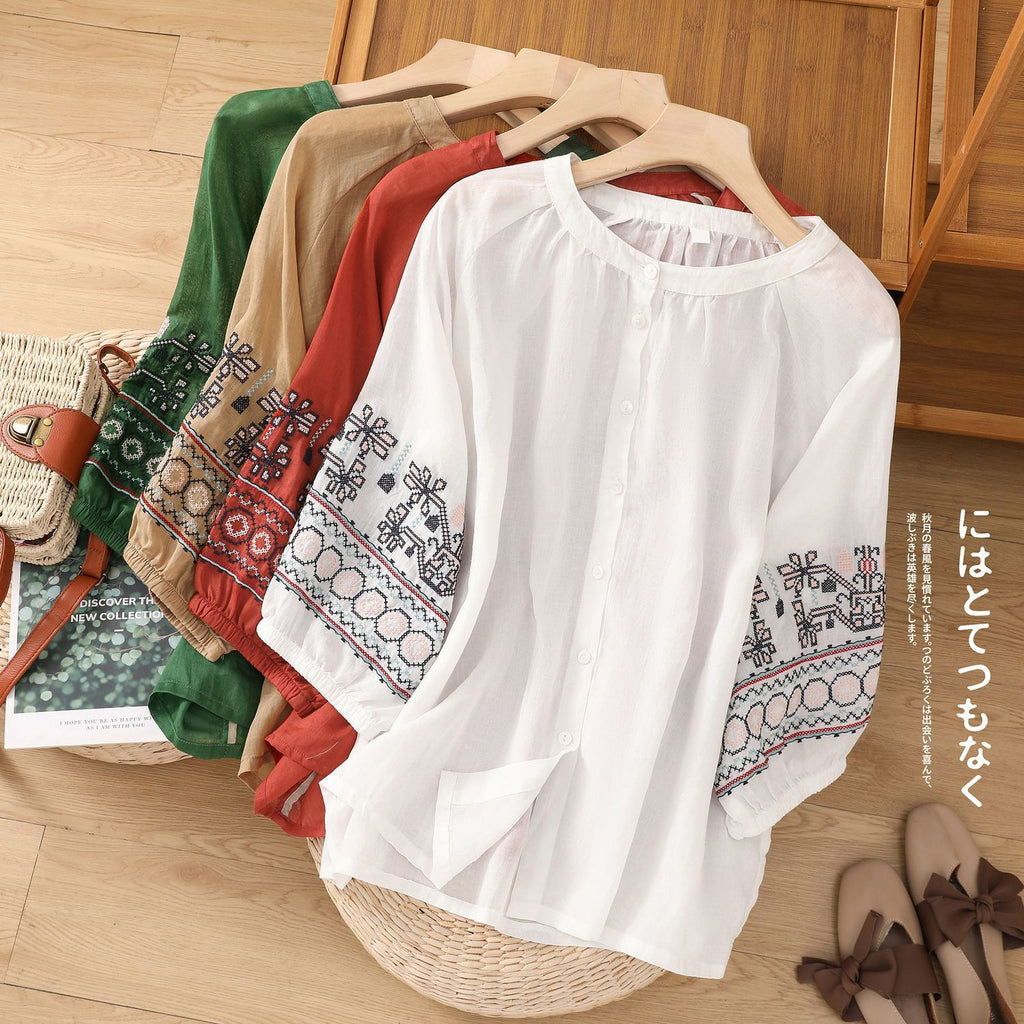 Artistic retro lantern sleeve embroidered cotton and linen shirt women's summer loose plus size temperament slimming linen Western style top