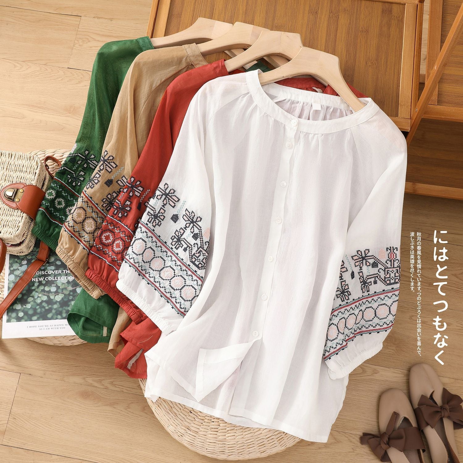 Artistic retro lantern sleeve embroidered cotton and linen shirt women's summer loose plus size temperament slimming linen Western style top
