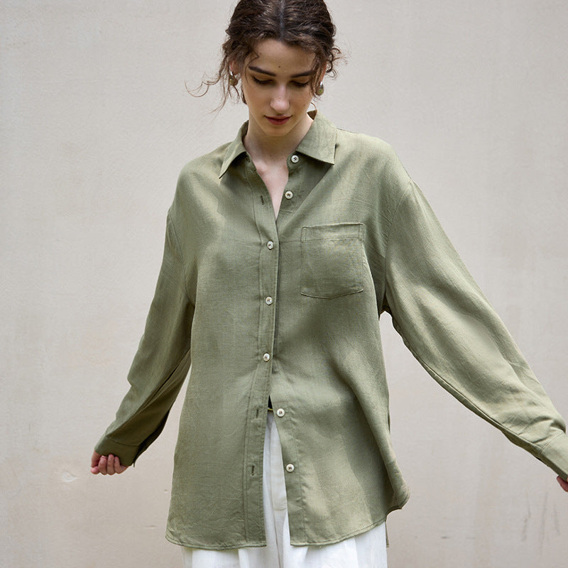 Tencel linen natural texture long-sleeved women's shirt coat autumn and winter French style temperament wind waist belt linen shirt