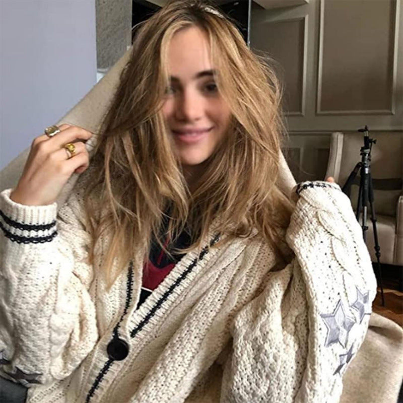 Autumn and Winter solid color women's long-sleeved cardigan temperament commute European and American batwing knitted creamy-white single-breasted sweater coat