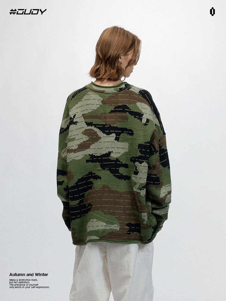 # OVDY autumn and winter warm sweater Computer Jacquard techniques small V-neck camouflage sweater outerwear for men and women