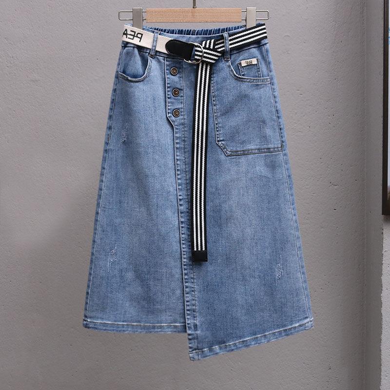 Plus size summer irregular A- line slimming skirt fashionable elastic waist all-match denim skirt women's fashionable midi skirt