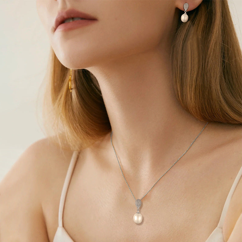 s925 sterling silver jewelry set earrings stud earrings inlaid zircon pearl necklace pendant foreign trade cross-border silver accessories processing
