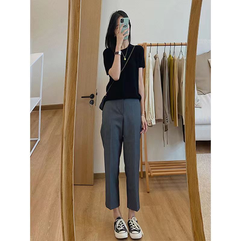 2022时尚休闲春夏新款阔腿裤宽松休闲棉麻松紧腰纯色九分裤女新款