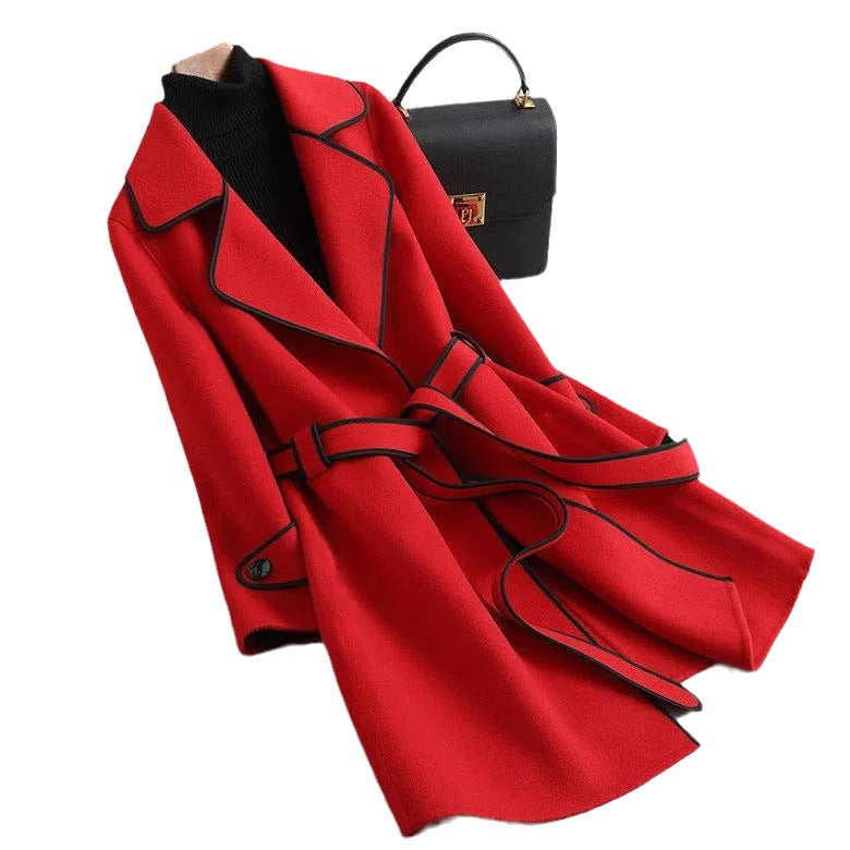 2023 autumn and winter New Fashion loose profile warm handmade lace-up high-end woolen coat mid-length coat female fashion