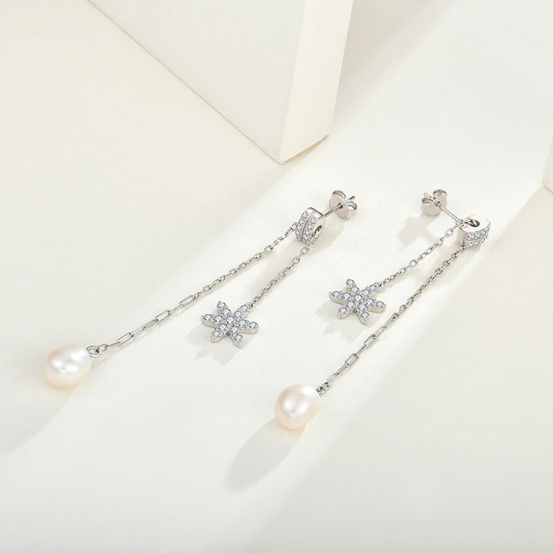 Foreign trade cross-border hot mining pearl earrings eardrops s925 silver female six-pointed star Zircon stud earrings silver accessories processing