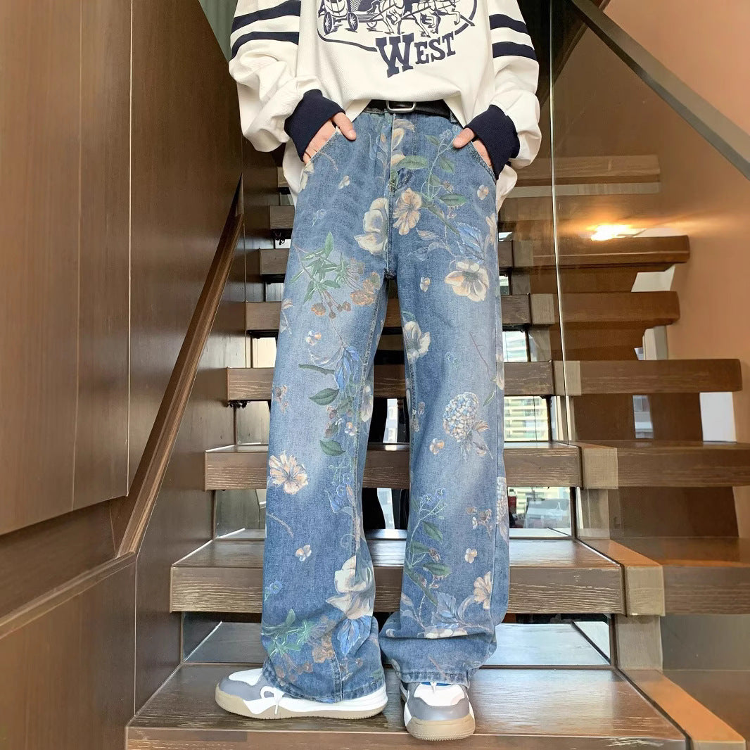 Cross-border autumn floral printed men's jeans vintage denim pants hip hop fashion wide leg loose jeans