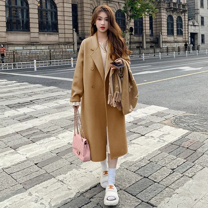 Pink reversible cashmere coat women 2023 autumn and winter New Korean style loose mid-length Hepburn style woolen coat