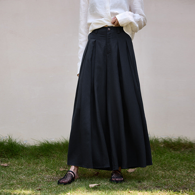 Ramie high waist pantskirt 25 autumn and winter New Tencel linen pleated big hem A- line skirt pants crisp elegant women's skirt