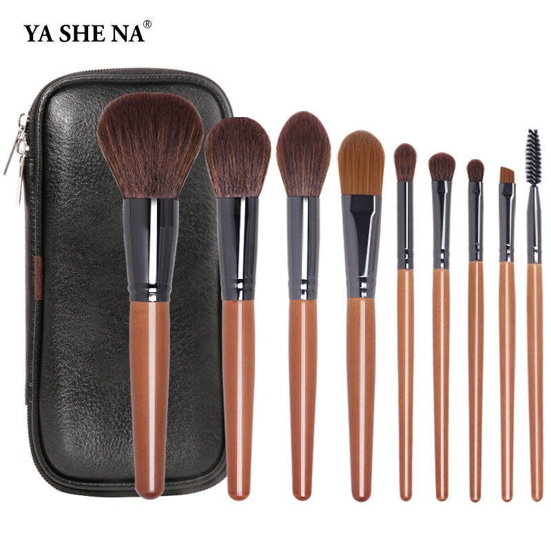 New 9 PCs wooden handle makeup brushes makeup brushes brown beauty tools suit beginner makeup brush