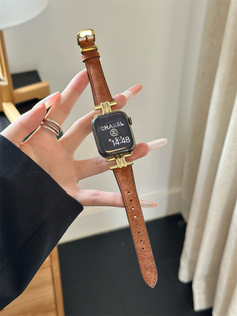 iwatch9 strap high sense genuine leather retro suitable for Apple Watch S10875se generation ultra autumn and winter leather
