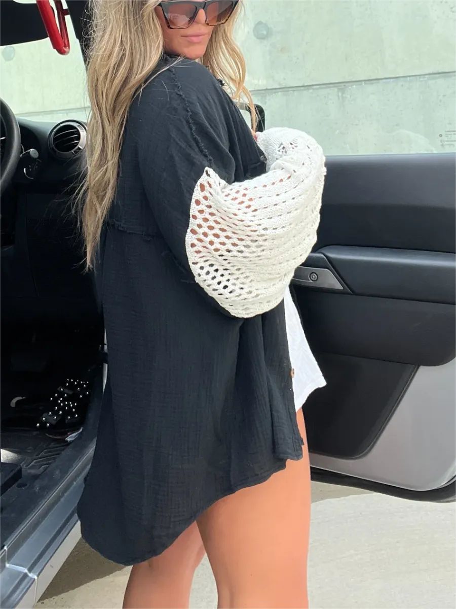 New Crepe Long Sleeve Blouse with Lace Trim for Women |tops