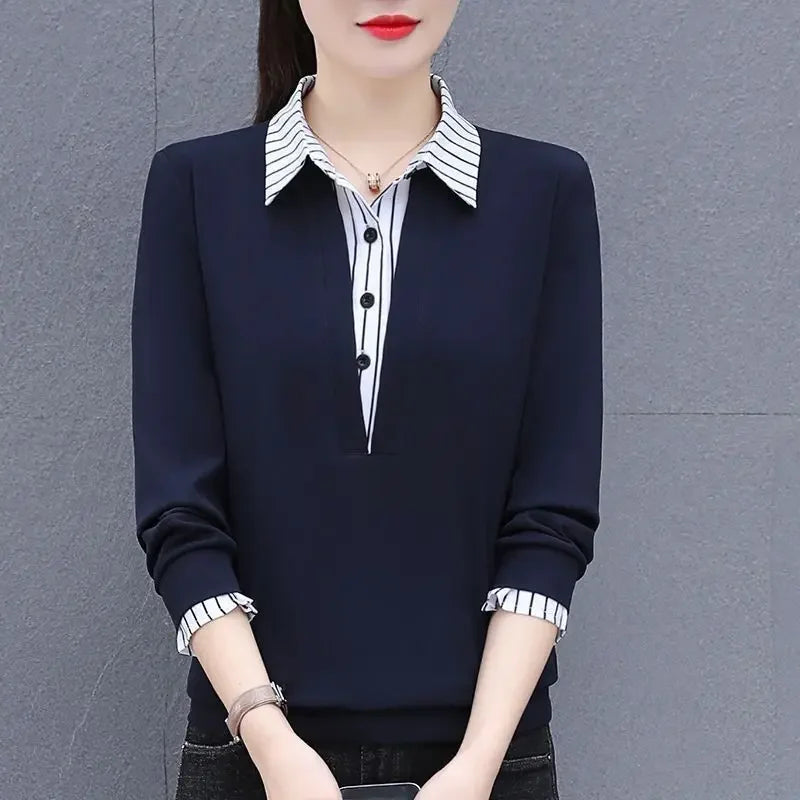 Fake two pieces shirts women's long-sleeved sweater 2024 Spring and Autumn New Korean style fashionable stylish stitching loose top for women