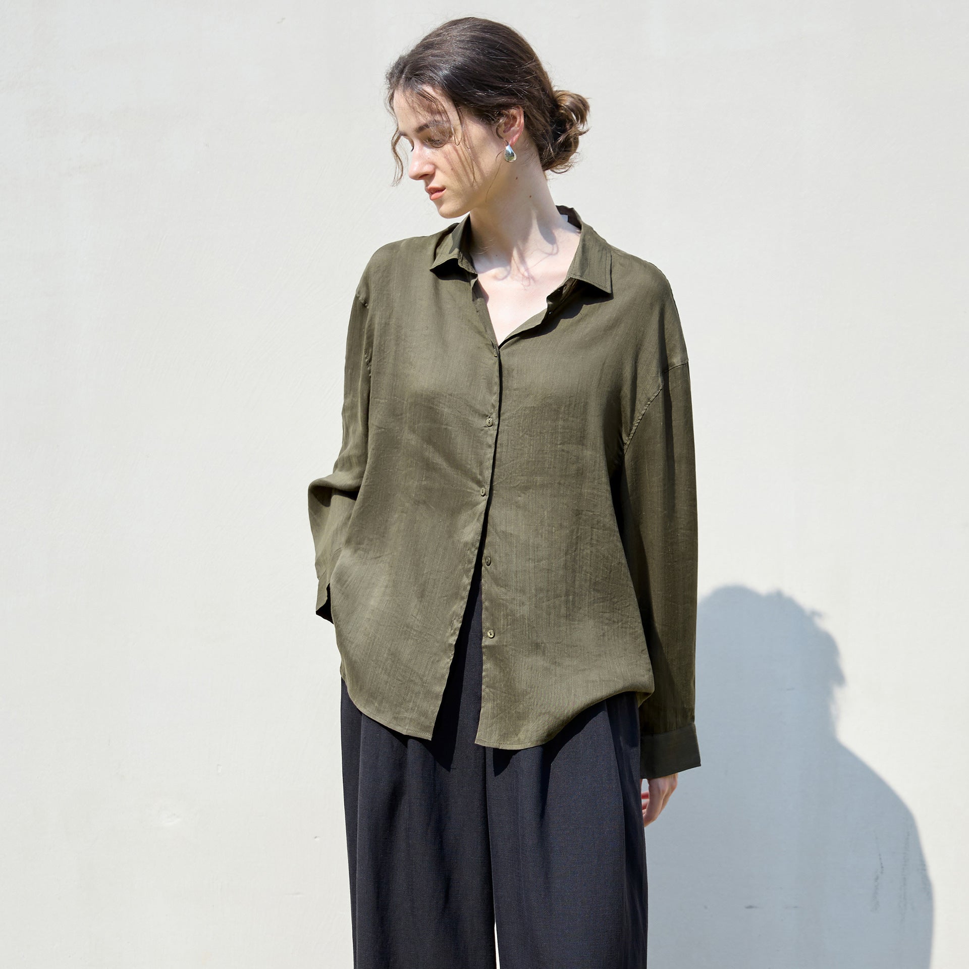 25 Old Money style Ramie loose solid color women's shirt simple single-breasted long sleeve shirt loose feeling Tencel linen top