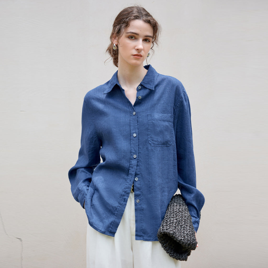 High-end long linen sleeves shirt Women's minimalist relaxed single-breasted Shirt autumn and winter New Tencel linen solid color top