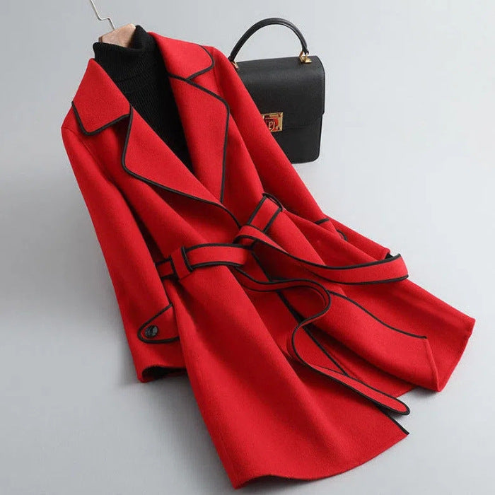 2023 autumn and winter New Fashion loose profile warm handmade lace-up high-end woolen coat mid-length coat female fashion