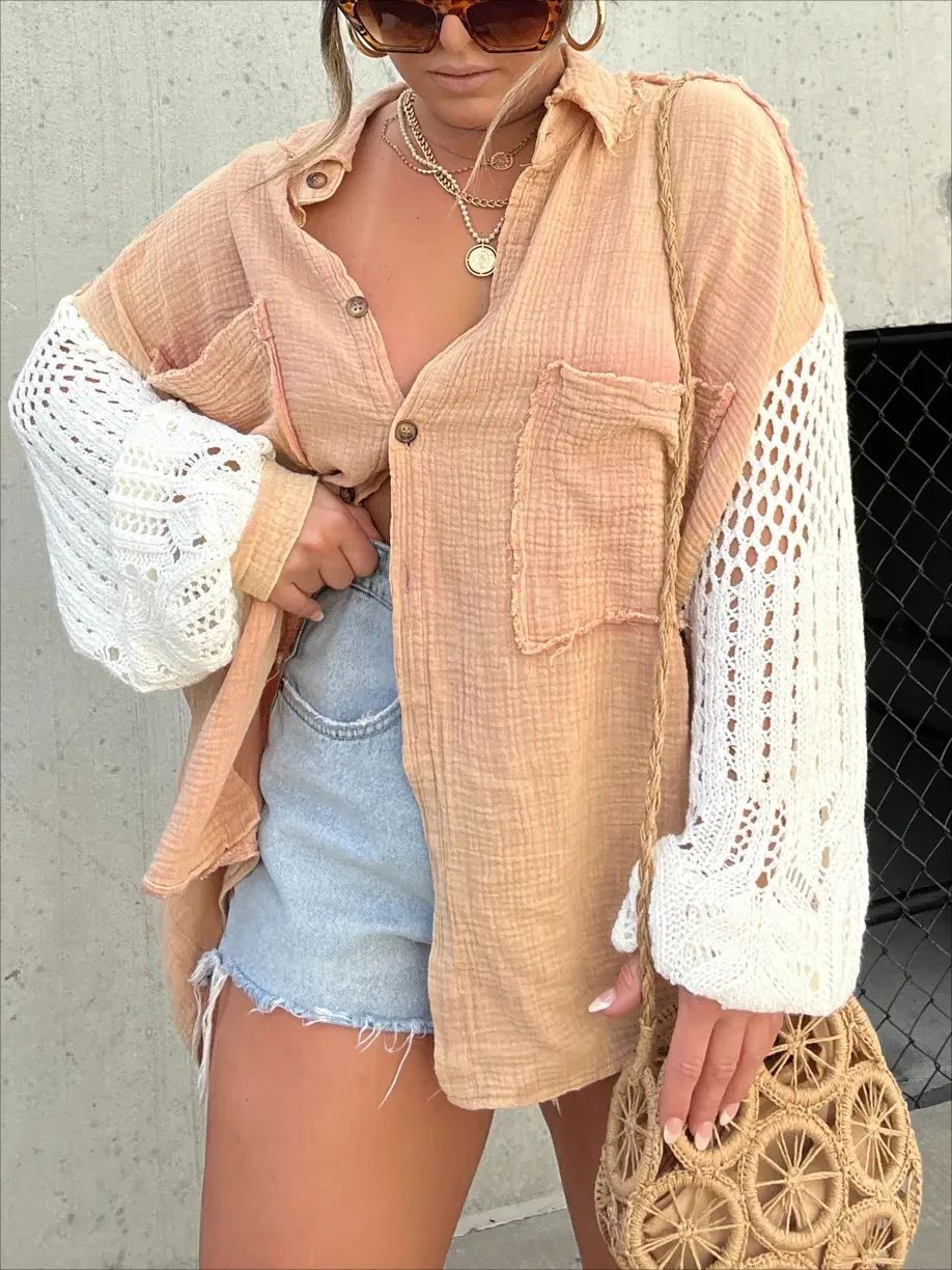 New Crepe Long Sleeve Blouse with Lace Trim for Women |tops