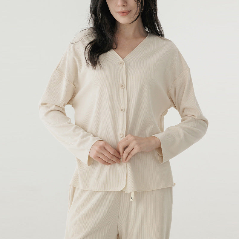 Thread pajamas two-piece set high-grade V-neck single breasted long-sleeved top elastic tied elastic waist wide-leg pants