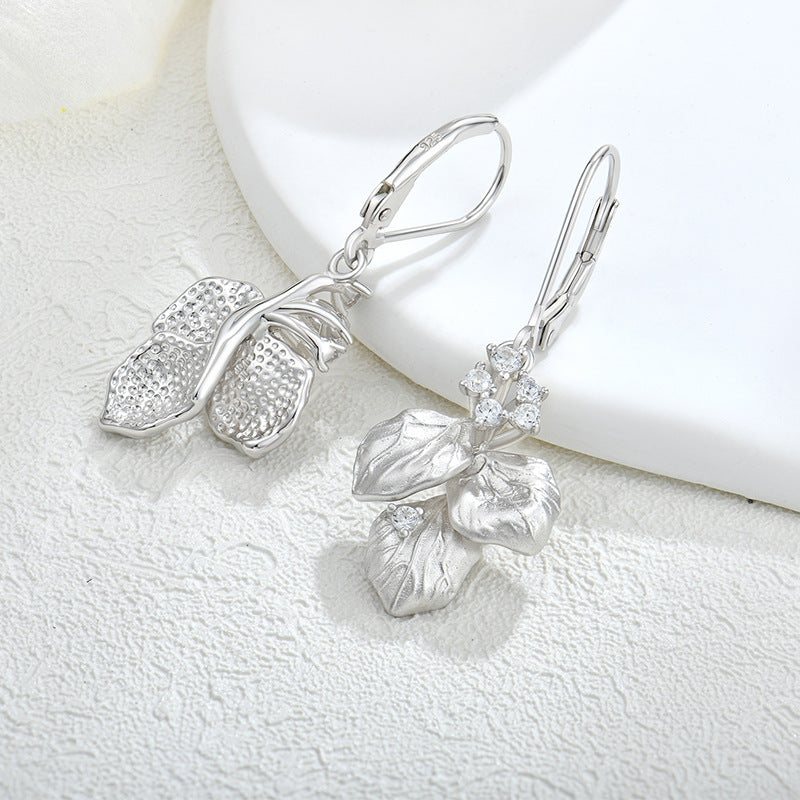 Retro distressed leaf-shaped earring S925 silver female zircon ear hook ear rings foreign trade cross-border jewelry silver accessories processing