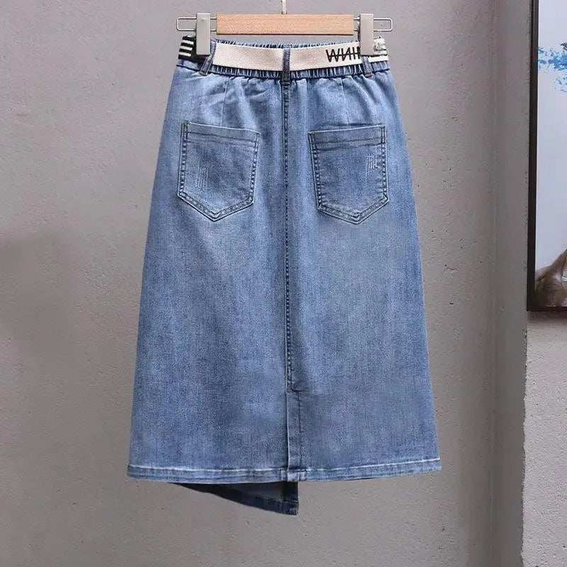 Plus size summer irregular A- line slimming skirt fashionable elastic waist all-match denim skirt women's fashionable midi skirt
