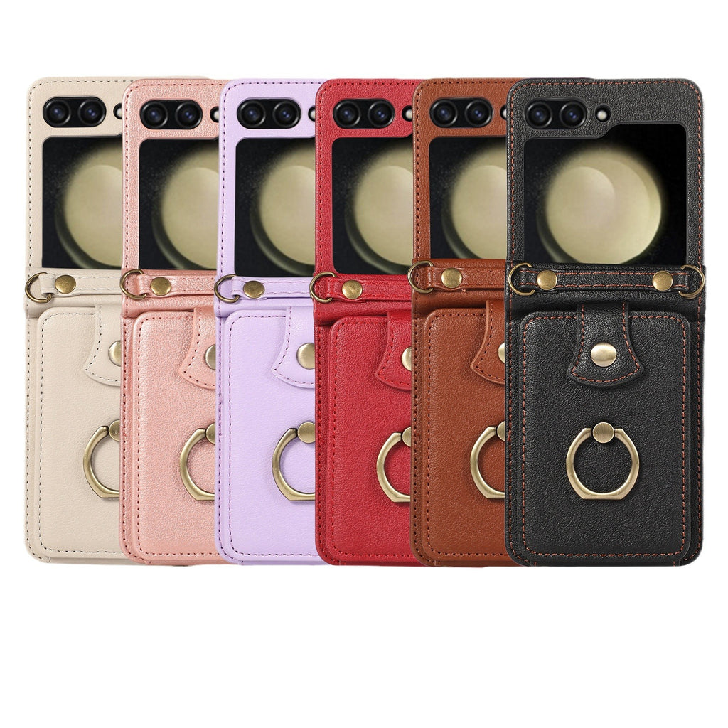 Applicable to Z FLIP5 crossbody expanding card holder foldable screen Z flip6 leather case with fastened ring anti-theft swiping function