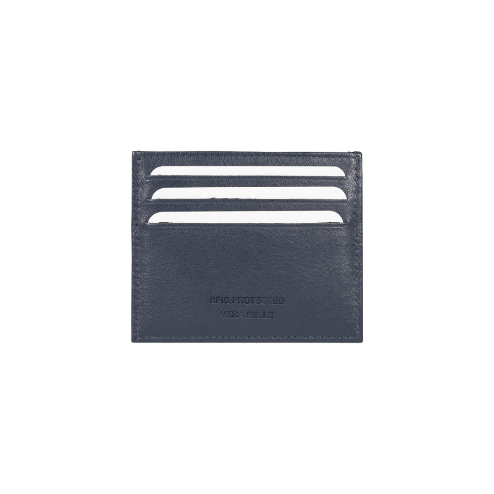 RB12016D | Credit Card Holder in genuine full-grain leather, with light grain. Blue color. RFID protection. Size: 10 x 8 x 0.5 cm. Packaging: gift box bottom/cover