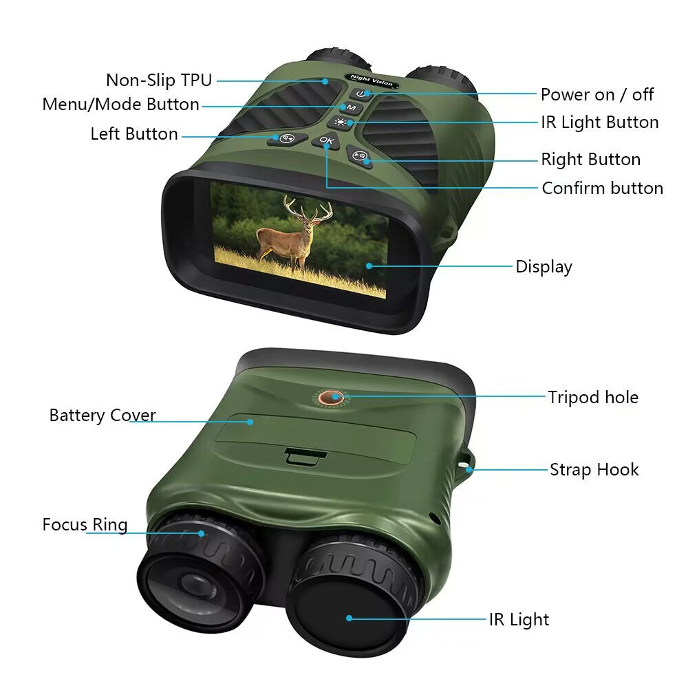 NNEDSZ Green Digital Night Vision Binoculars - 3.0'' IPS Screen, 10X Optical Zoom, 2.5K Video Recording, Infrared for 300m Range
