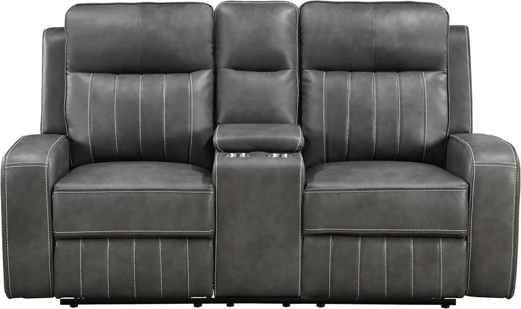 Gray Faux Leather Reclining Loveseat With Manual Recline