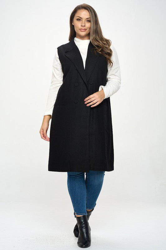 Double Breast Detail Sleeveless Coat with Collar