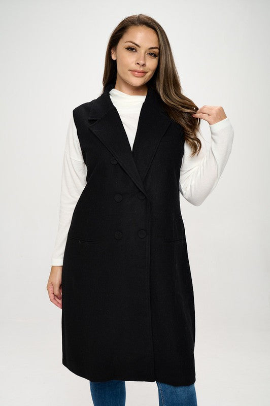 Double Breast Detail Sleeveless Coat with Collar