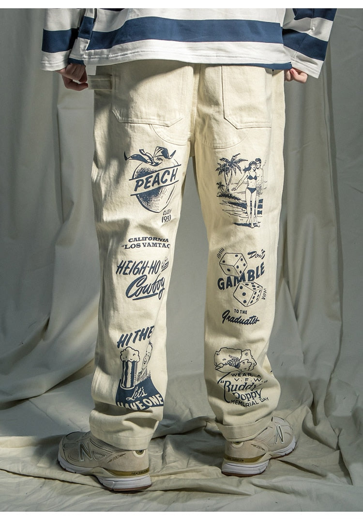Men High Street Elastic Waist Fashion Baggy Hip Hop Style Men Streetwear