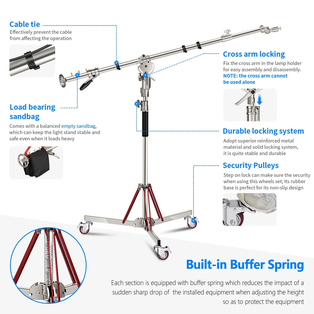 Heavy Duty Light Stand with Casters and Pro Boom Arm,  Stainless Steel Tripod Stand with Crossbar for Reflector,Monolight