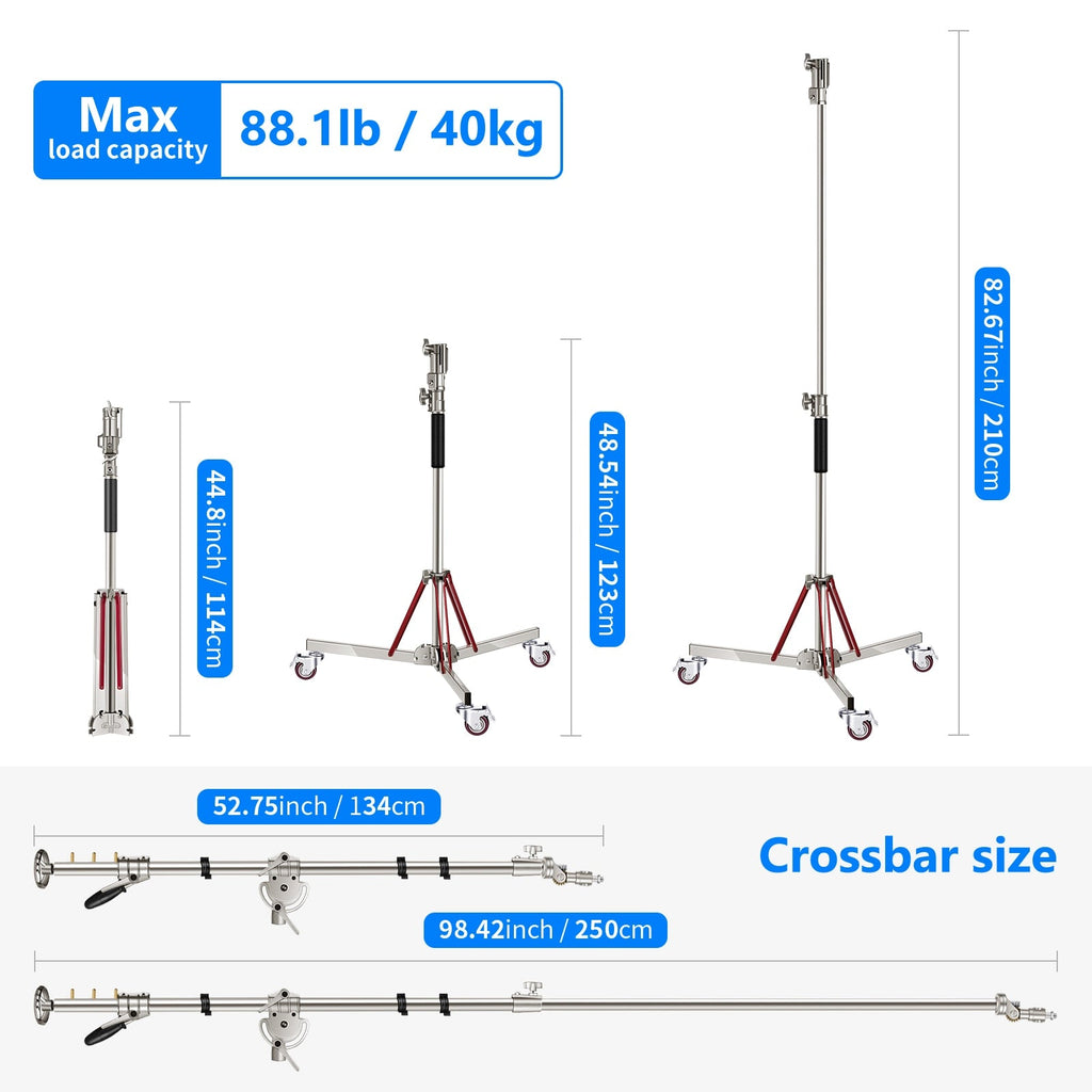 Heavy Duty Light Stand with Casters and Pro Boom Arm,  Stainless Steel Tripod Stand with Crossbar for Reflector,Monolight