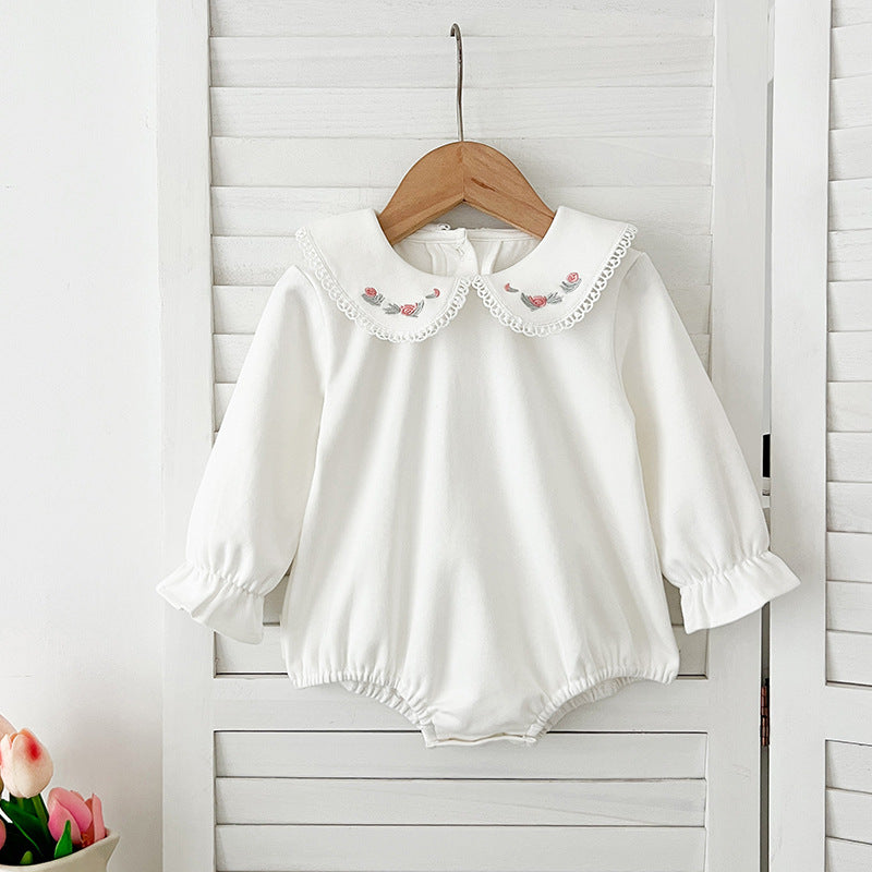 Spring Arrival Baby Girls Long Sleeves Floral Embroidered Peter Pan Collar bodysuit